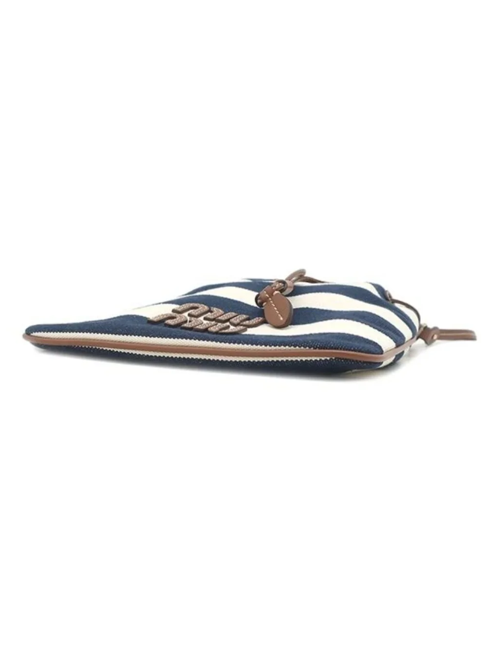 Miu Miu Handbag Drawstring Pouch Canvas Leather Navy Natural Gold Striped